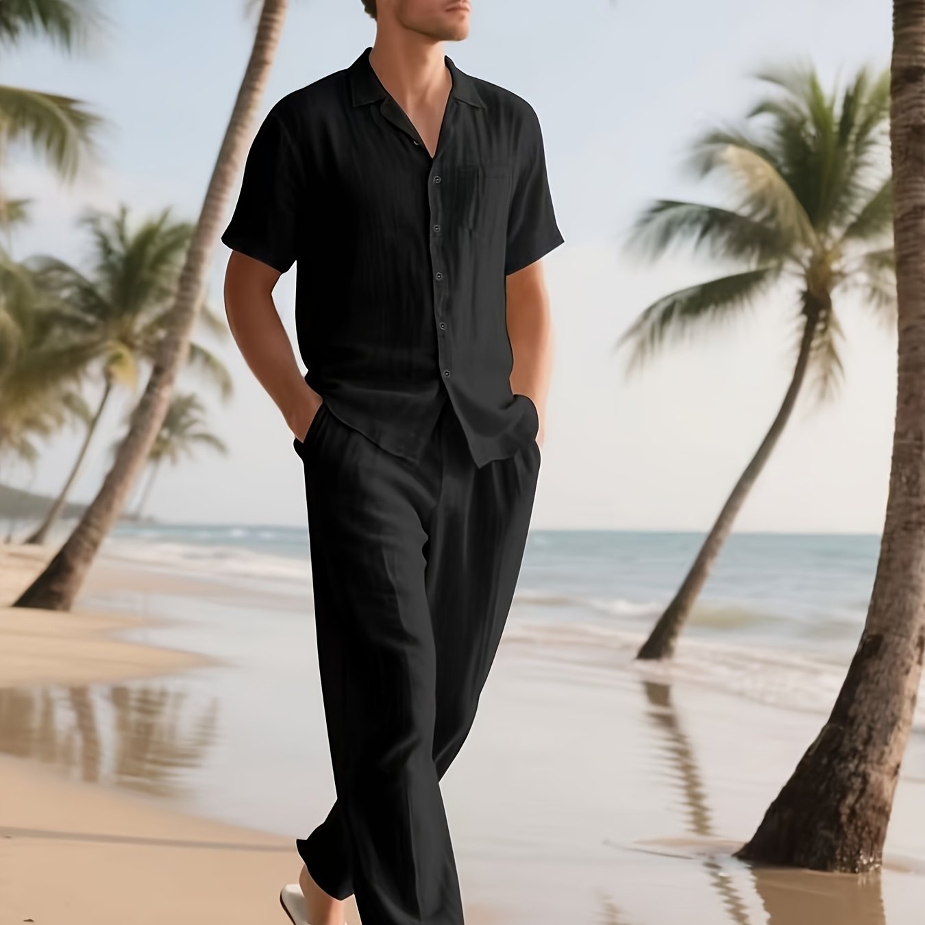 Men's linen blend outfit featuring a short sleeve shirt and loose long pants, perfect for breathable summer casual wear. 0